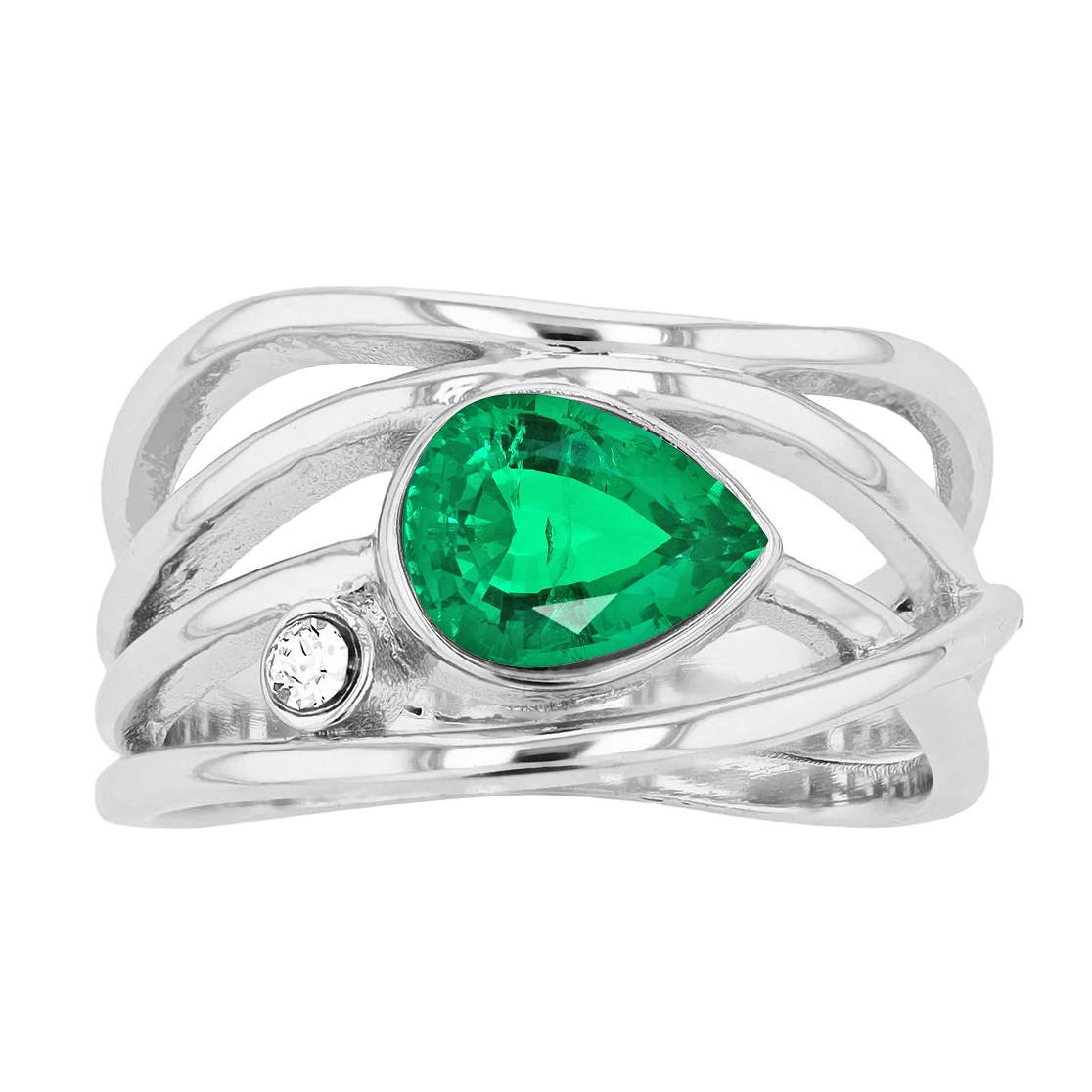 Green Emerald Ring Pear Cut Bezel Thick Shank