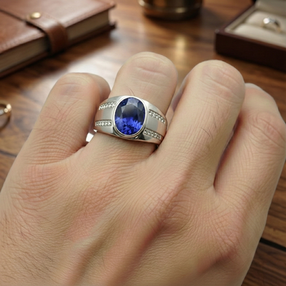 Gypsy Gemstone Vintage Style Oval Blue Sapphire Mens IGI CERTIFIED Diamond Ring