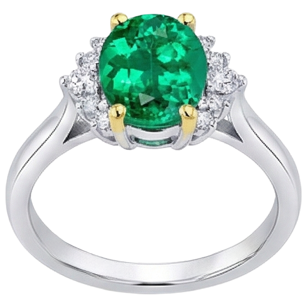 Natural Real ( Not Lab Grown ) Half Halo Ring Oval Green Emerald GIA Jewelry For Women