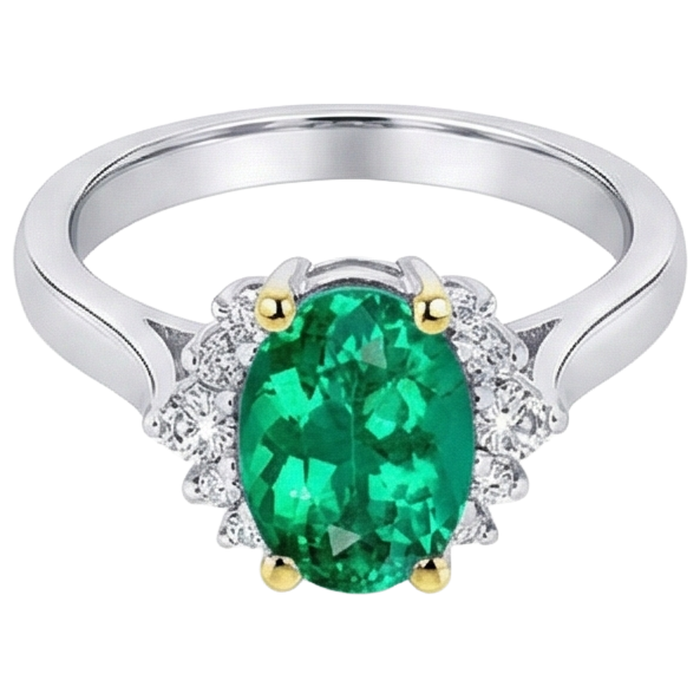 Natural Real ( Not Lab Grown ) Half Halo Ring Oval Green Emerald GIA Jewelry For Women