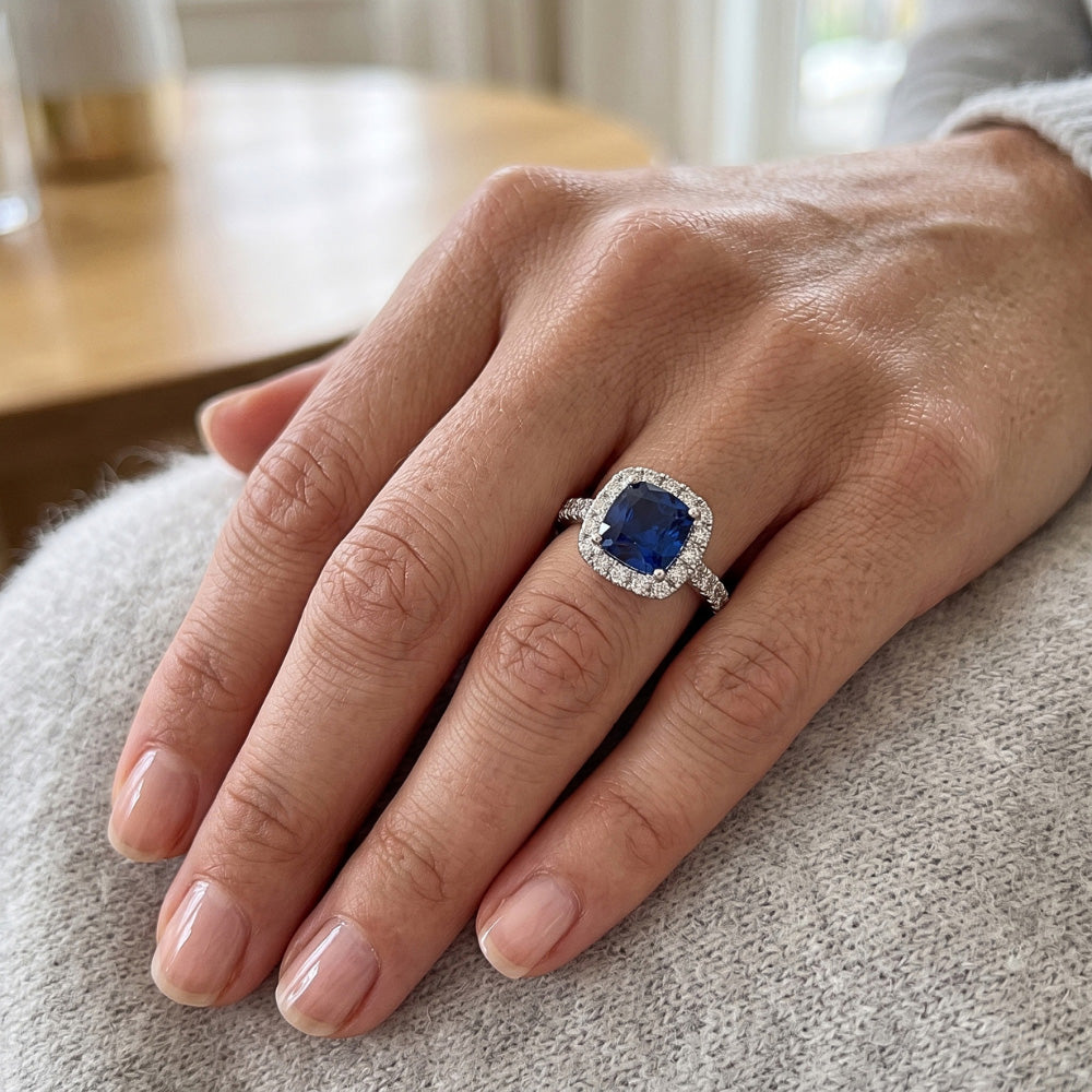 Halo 3.90 Ct Sri Lanka Sapphire Natural Earth Mined Diamonds Wedding Ring White Gold