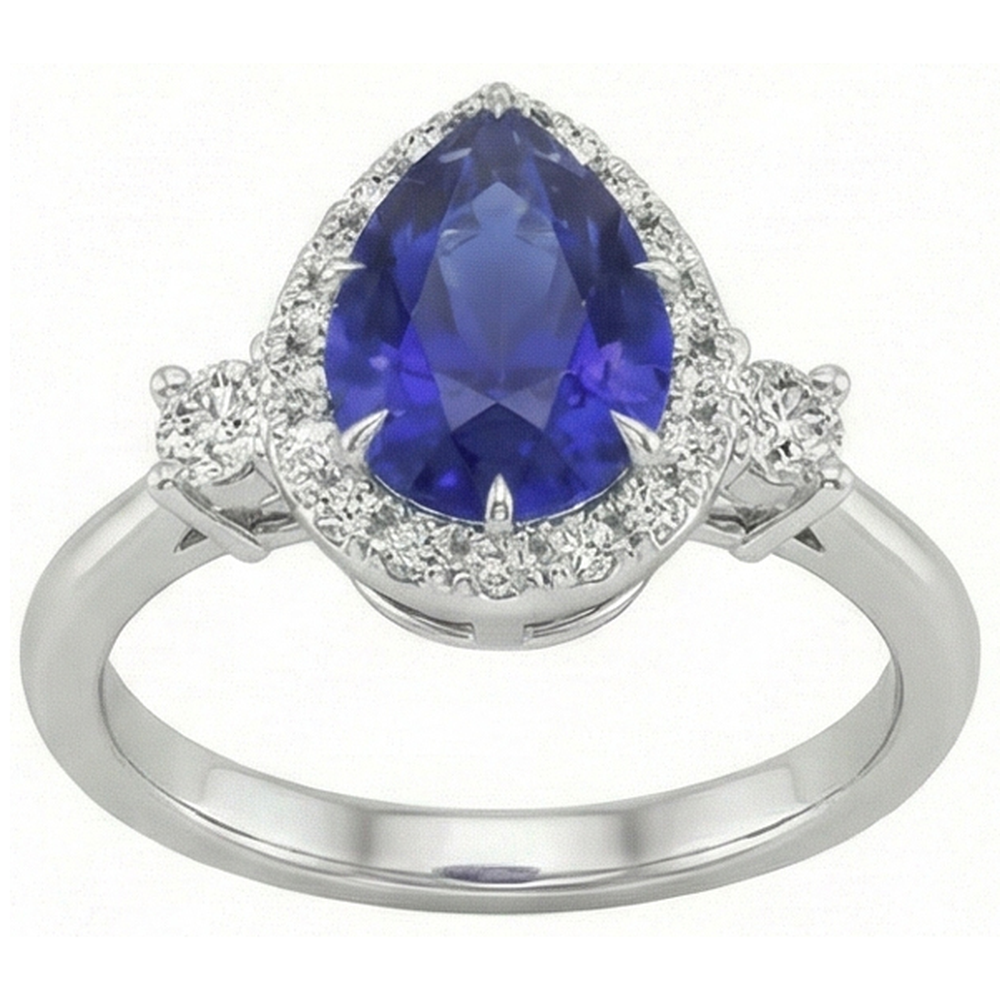 Halo 3 Stone Ring Pear Ceylon Sapphire & Natural Earth Mined Diamonds 5 Carats