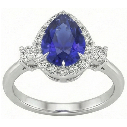 Halo 3 Stone Ring Pear Ceylon Sapphire & Natural Earth Mined Diamonds 5 Carats
