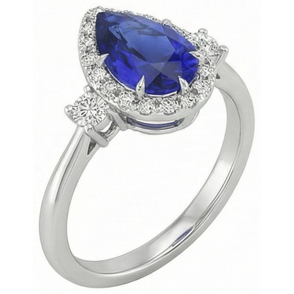 Halo 3 Stone Ring Pear Ceylon Sapphire & Natural Earth Mined Diamonds 5 Carats