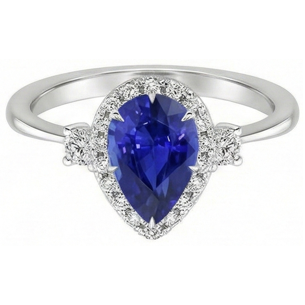 Halo 3 Stone Ring Pear Ceylon Sapphire & Natural Earth Mined Diamonds 5 Carats