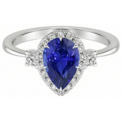 Halo 3 Stone Ring Pear Ceylon Sapphire & Natural Earth Mined Diamonds 5 Carats