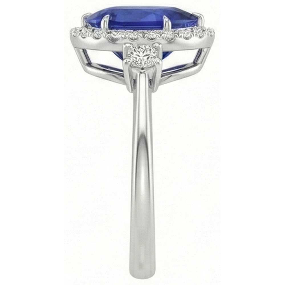Halo 3 Stone Ring Pear Ceylon Sapphire & Natural Earth Mined Diamonds 5 Carats