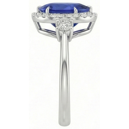 Halo 3 Stone Ring Pear Ceylon Sapphire & Natural Earth Mined Diamonds 5 Carats