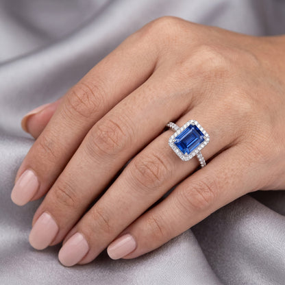 Halo Anniversary Ring Emerald Sapphire 3 Carats & Accented Natural Earth Mined Diamond