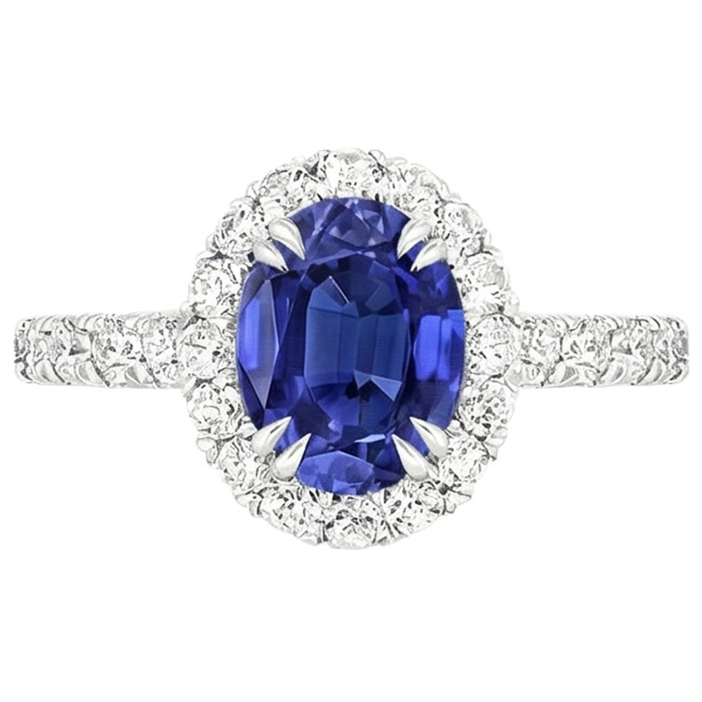 Halo Anniversary Ring Oval Blue Sapphire & Natural Earth Mined Diamonds 5.50 Carats