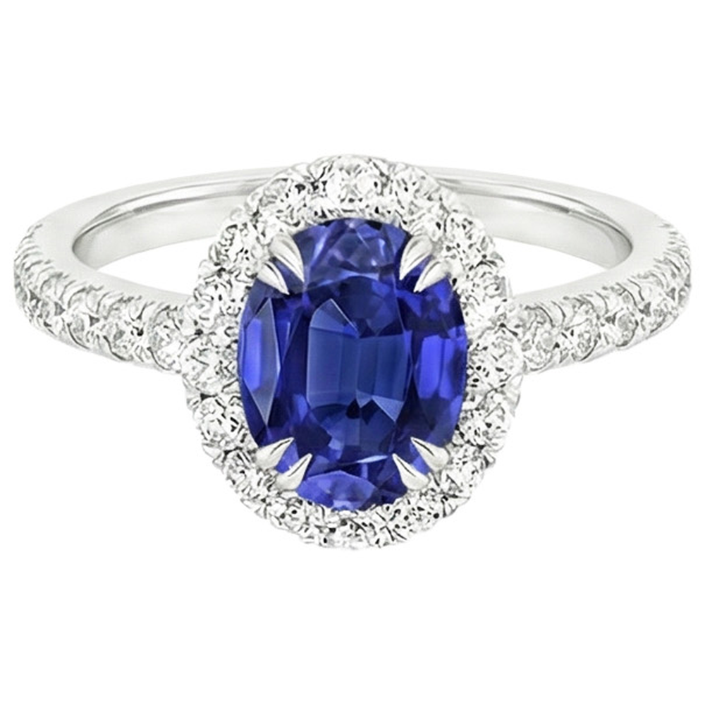 Halo Anniversary Ring Oval Blue Sapphire & Natural Earth Mined Diamonds 5.50 Carats