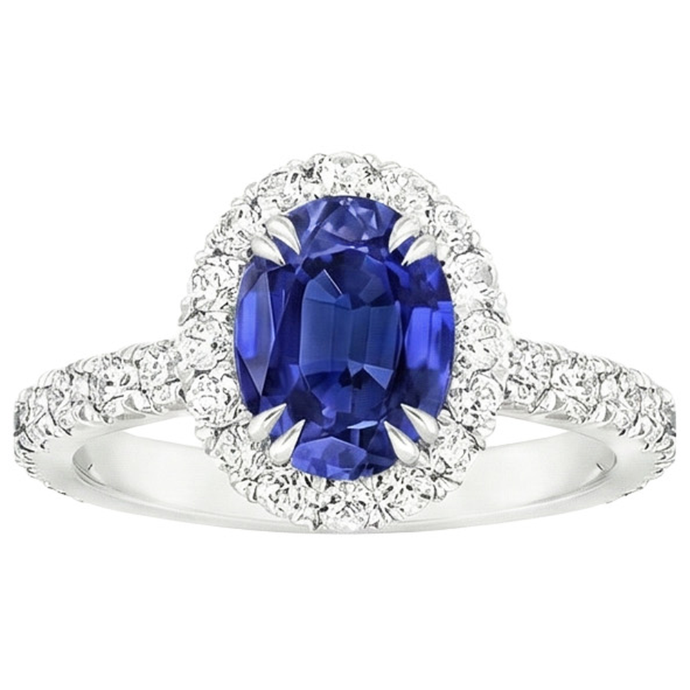 Halo Anniversary Ring Oval Blue Sapphire & Natural Earth Mined Diamonds 5.50 Carats