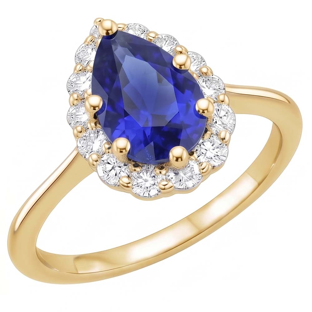Halo Anniversary Ring Pear Ceylon Sapphire & Natural Earth Mined Diamonds 3.50 Carats