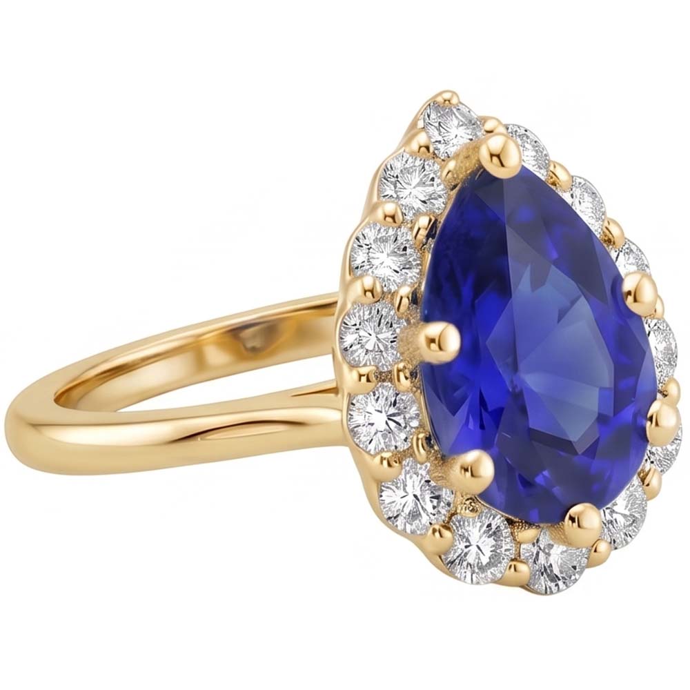 Halo Anniversary Ring Pear Ceylon Sapphire & Natural Earth Mined Diamonds 3.50 Carats