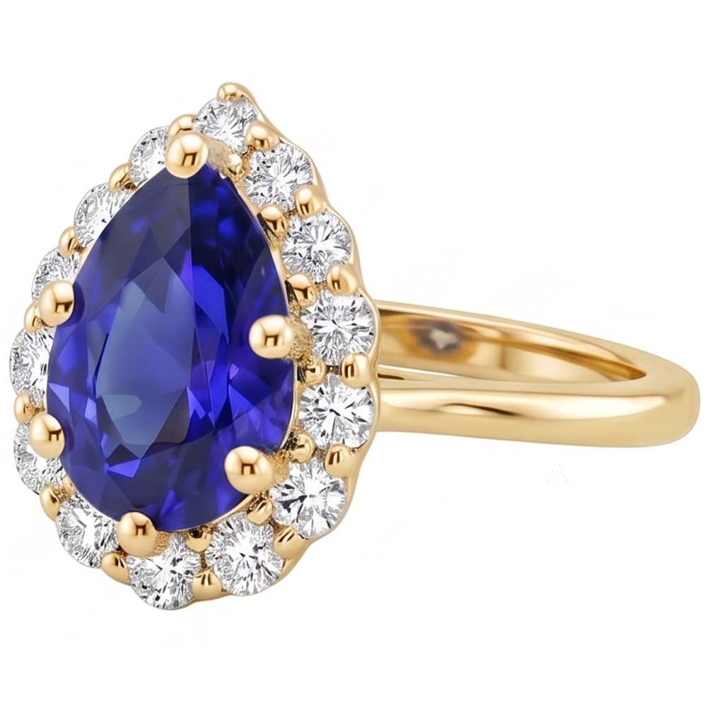 Halo Anniversary Ring Pear Ceylon Sapphire & Natural Earth Mined Diamonds 3.50 Carats