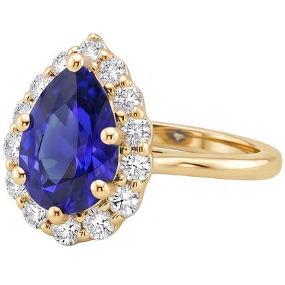 Halo Anniversary Ring Pear Ceylon Sapphire & Natural Earth Mined Diamonds 3.50 Carats
