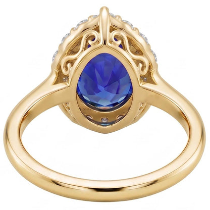 Halo Anniversary Ring Pear Ceylon Sapphire & Natural Earth Mined Diamonds 3.50 Carats