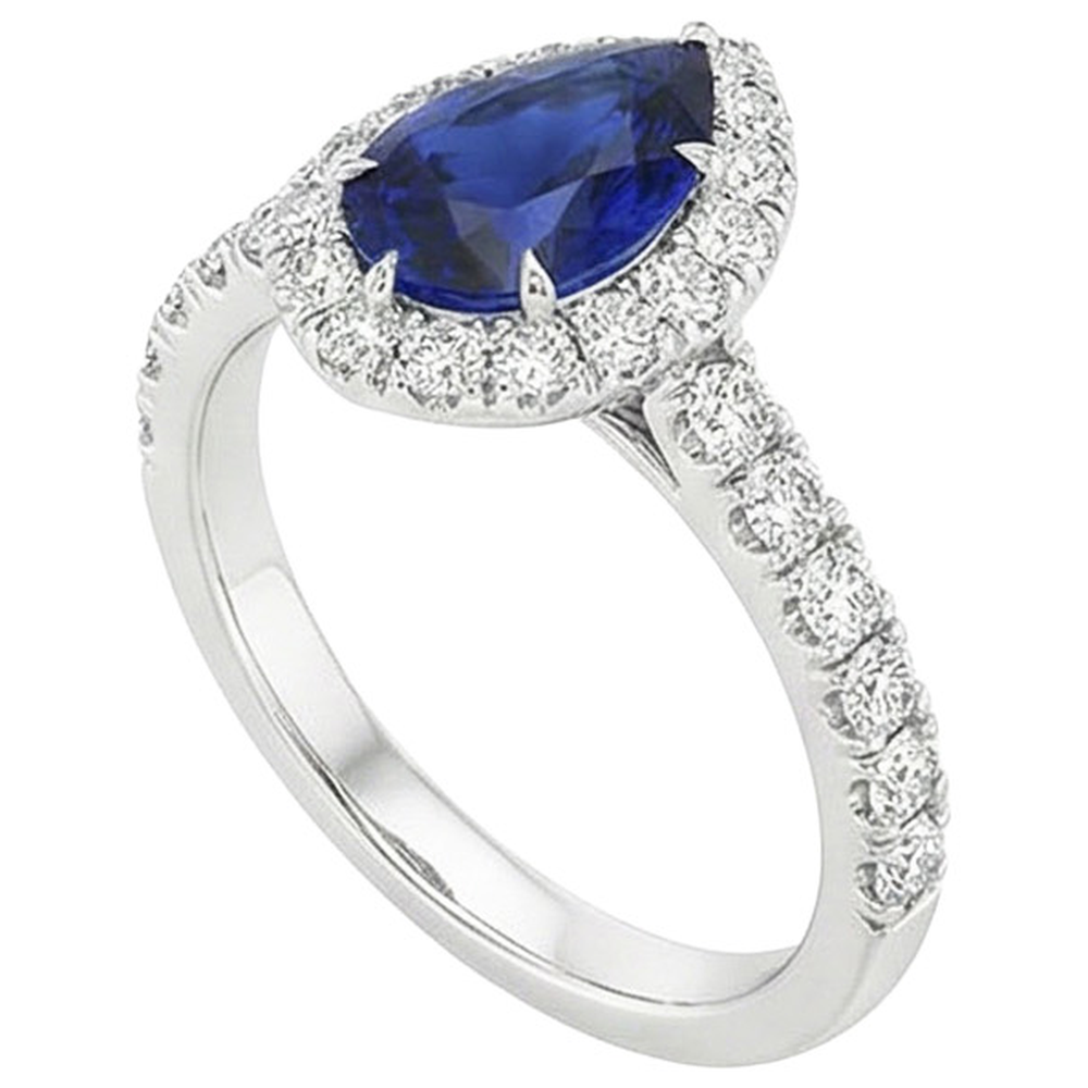 Halo Anniversary Ring Pear Sri Lankan Sapphire & Natural Earth Mined Diamonds 4.50 Carats
