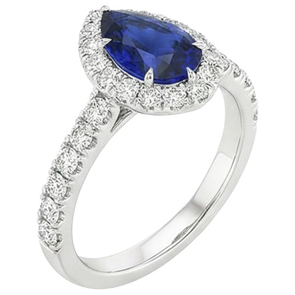 Halo Anniversary Ring Pear Sri Lankan Sapphire & Natural Earth Mined Diamonds 4.50 Carats