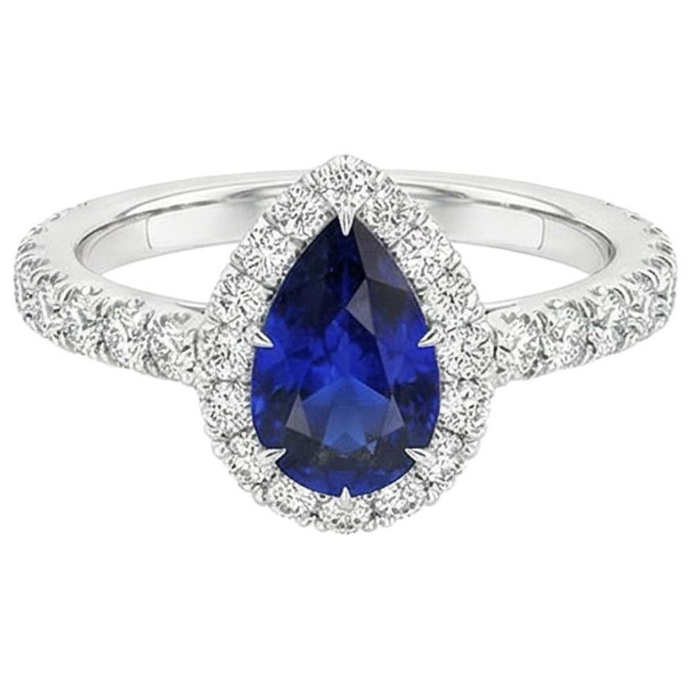 Halo Anniversary Ring Pear Sri Lankan Sapphire & Natural Earth Mined Diamonds 4.50 Carats