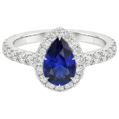 Halo Anniversary Ring Pear Sri Lankan Sapphire & Natural Earth Mined Diamonds 4.50 Carats