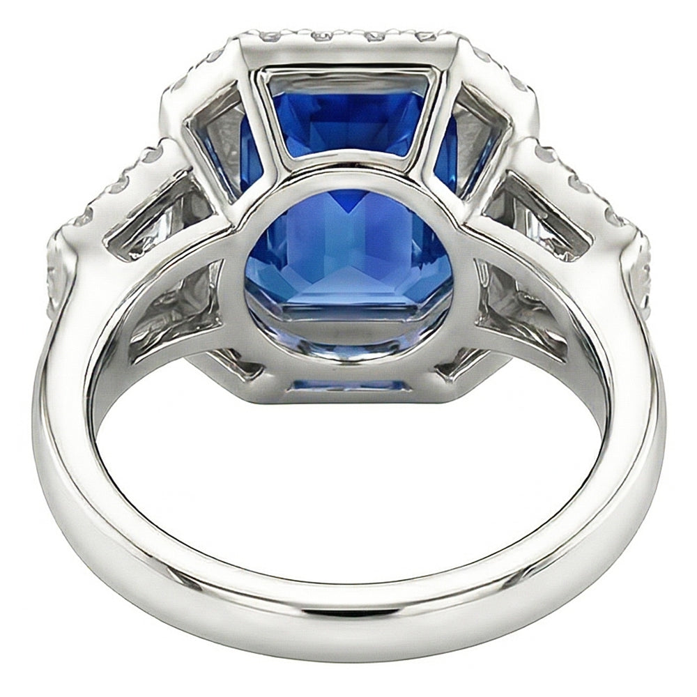 Halo Bezel Set Blue Sapphire Ring 4.50 Carats Trapezoid & Round Natural Earth Mined Diamond