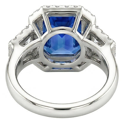 Halo Bezel Set Blue Sapphire Ring 4.50 Carats Trapezoid & Round Natural Earth Mined Diamond
