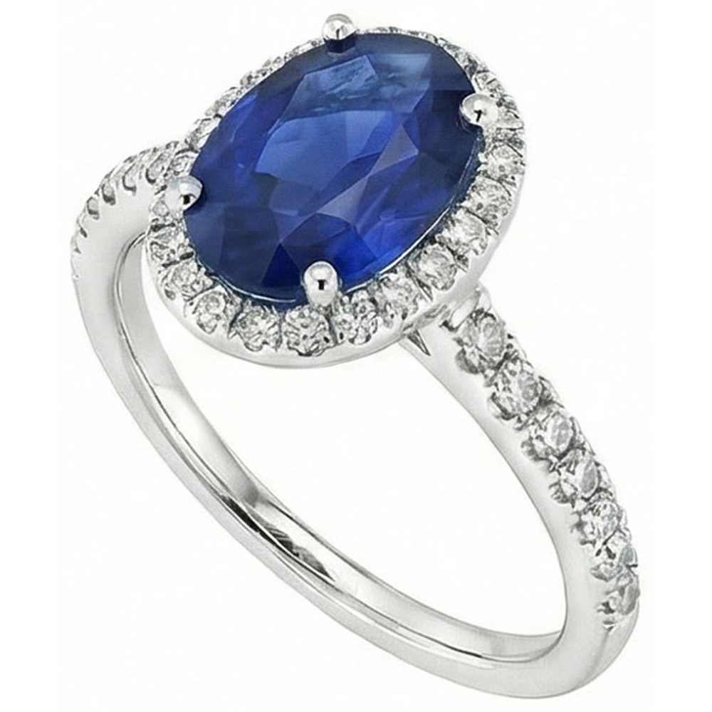 Halo Blue Sapphire And Natural Earth Mined Diamond Engagement Ring 2.25 Carat Gold 14K