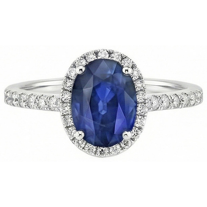 Halo Blue Sapphire And Natural Earth Mined Diamond Engagement Ring 2.25 Carat Gold 14K