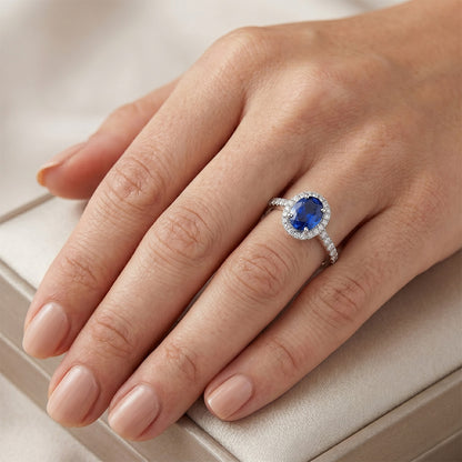 Halo Blue Sapphire And Natural Earth Mined Diamond Engagement Ring 2.25 Carat Gold 14K