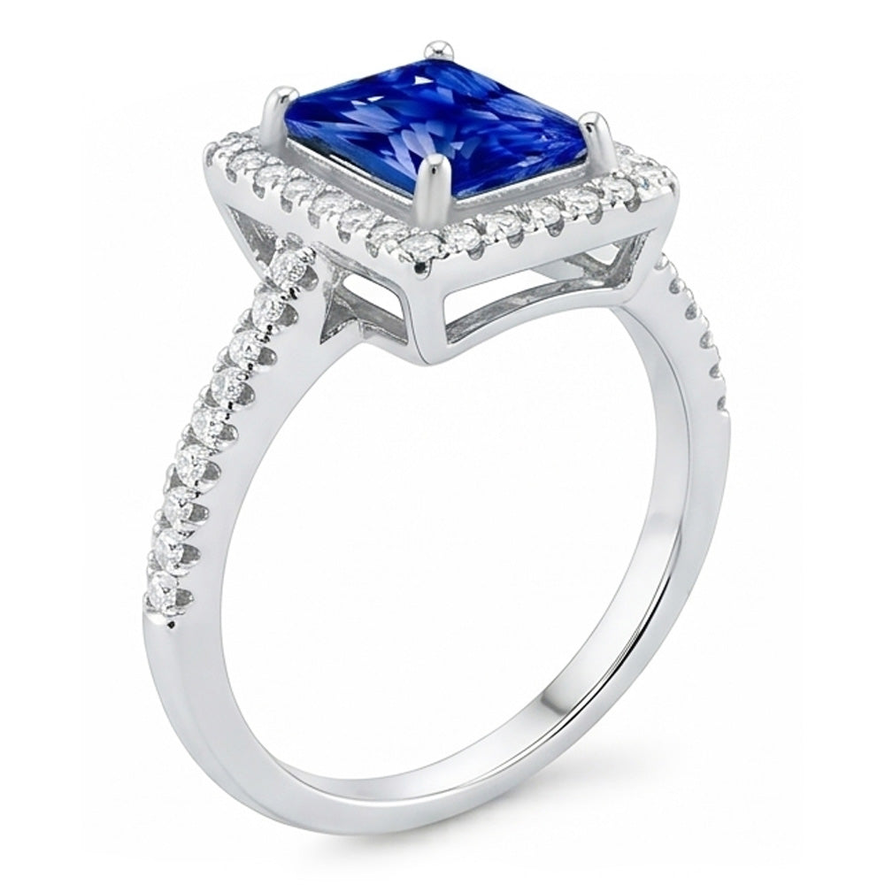 Halo Blue Sapphire Engagement Ring Radiant & Natural Earth Mined Diamonds 3.50 Carats