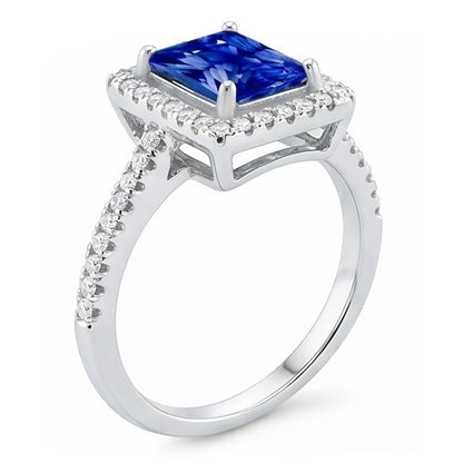 Halo Blue Sapphire Engagement Ring Radiant & Natural Earth Mined Diamonds 3.50 Carats