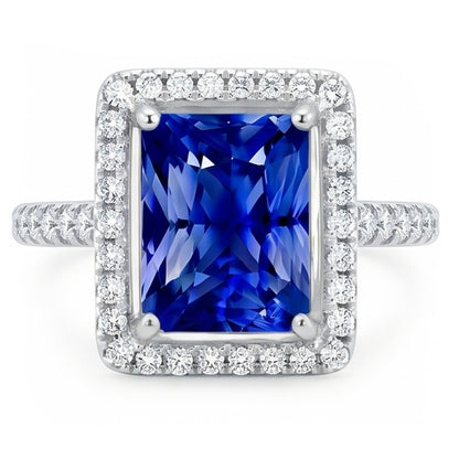 Halo Blue Sapphire Engagement Ring Radiant & Natural Earth Mined Diamonds 3.50 Carats