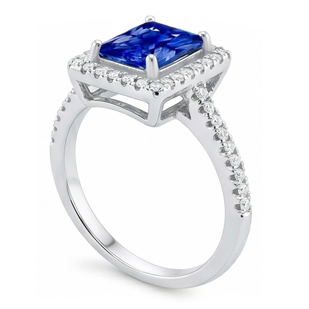 Halo Blue Sapphire Engagement Ring Radiant & Natural Earth Mined Diamonds 3.50 Carats