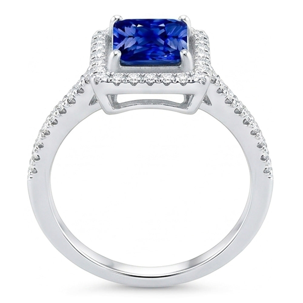 Halo Blue Sapphire Engagement Ring Radiant & Natural Earth Mined Diamonds 3.50 Carats