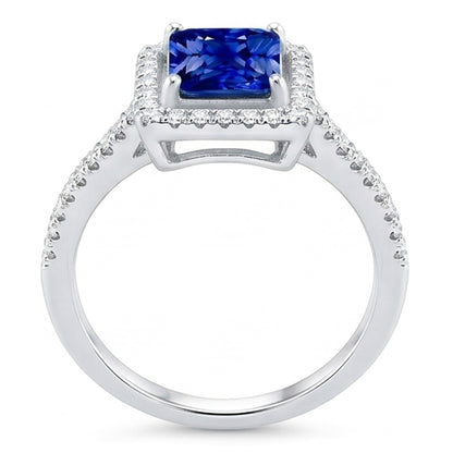 Halo Blue Sapphire Engagement Ring Radiant & Natural Earth Mined Diamonds 3.50 Carats