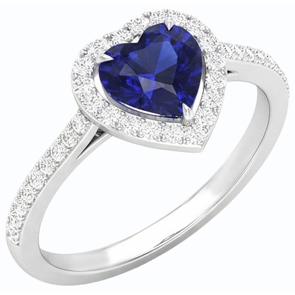 Halo Blue Sapphire Heart Ring & Pave Set Natural Earth Mined Diamonds 2.50 Carats