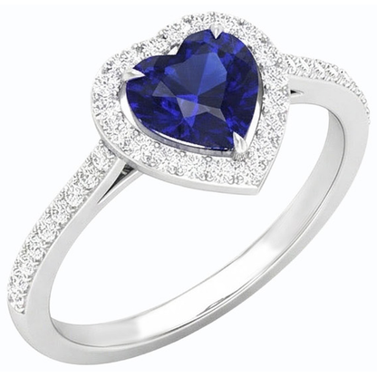 Halo Blue Sapphire Heart Ring & Pave Set Natural Earth Mined Diamonds 2.50 Carats