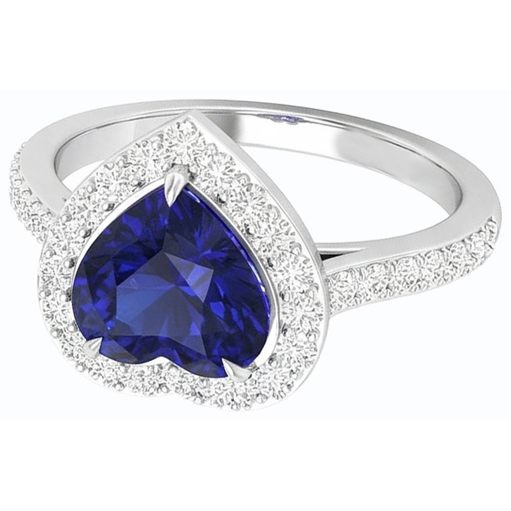 Halo Blue Sapphire Heart Ring & Pave Set Natural Earth Mined Diamonds 2.50 Carats