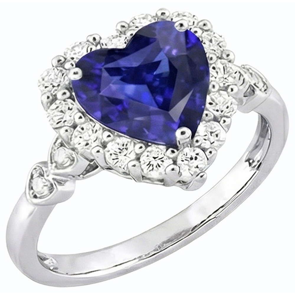 Halo Blue Sapphire Heart & Round Natural Earth Mined Diamond Ring 4.50 Carats 14K Gold