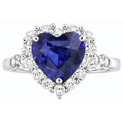 Halo Blue Sapphire Heart & Round Natural Earth Mined Diamond Ring 4.50 Carats 14K Gold