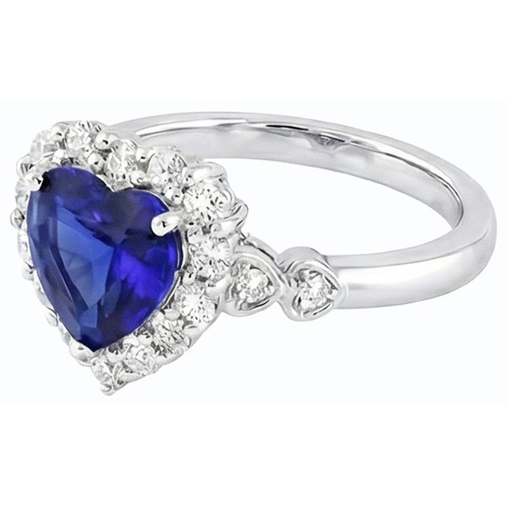 Halo Blue Sapphire Heart & Round Natural Earth Mined Diamond Ring 4.50 Carats 14K Gold