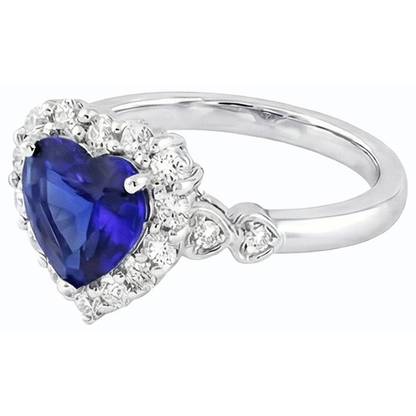 Halo Blue Sapphire Heart & Round Natural Earth Mined Diamond Ring 4.50 Carats 14K Gold