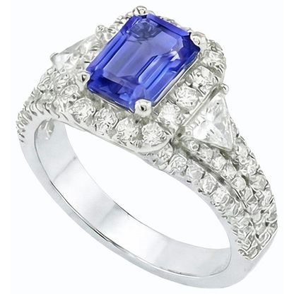 Halo Blue Sapphire Ring 3 Stone Style Emerald & Natural Earth Mined Diamonds 3.50 Carats