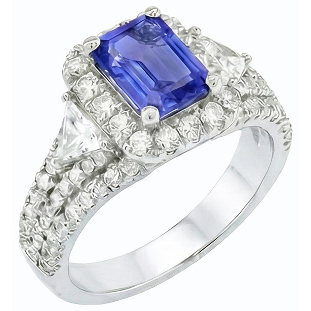 Halo Blue Sapphire Ring 3 Stone Style Emerald & Natural Earth Mined Diamonds 3.50 Carats