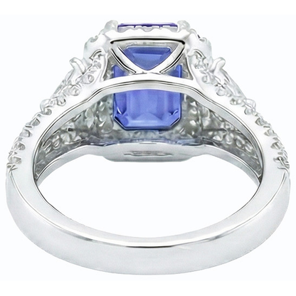 Halo Blue Sapphire Ring 3 Stone Style Emerald & Natural Earth Mined Diamonds 3.50 Carats
