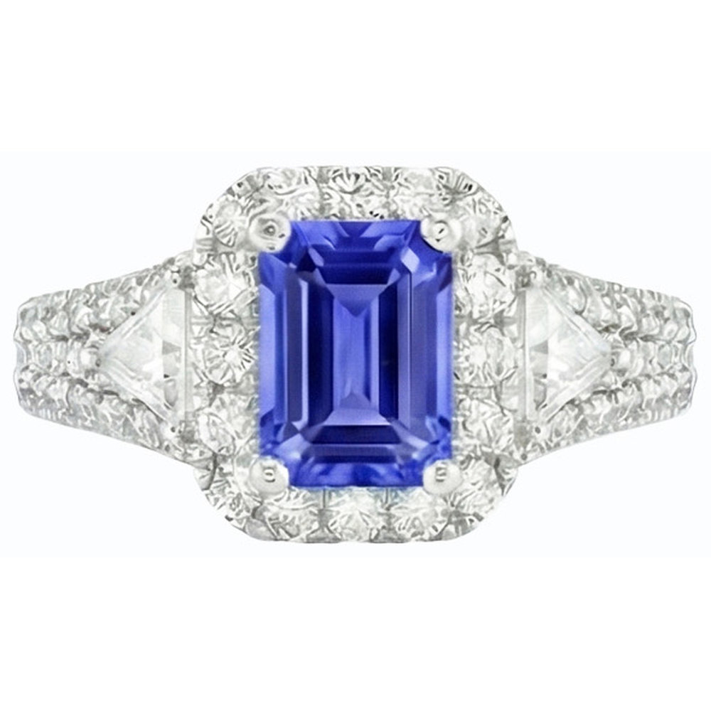 Halo Blue Sapphire Ring 3 Stone Style Emerald & Natural Earth Mined Diamonds 3.50 Carats