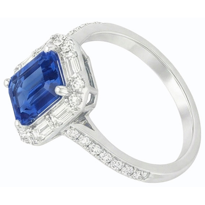 Halo Blue Sapphire Ring Baguette & Round Natural Earth Mined Diamond Jewelry 3 Carats