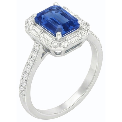 Halo Blue Sapphire Ring Baguette & Round Natural Earth Mined Diamond Jewelry 3 Carats