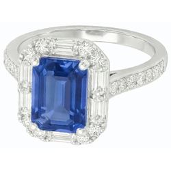 Halo Blue Sapphire Ring Baguette & Round Natural Earth Mined Diamond Jewelry 3 Carats